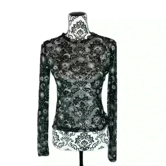 Just Polly Sheer Mesh Constellation Astrology Top Moon Star Print Long Sleeve, L - Picture 2 of 11